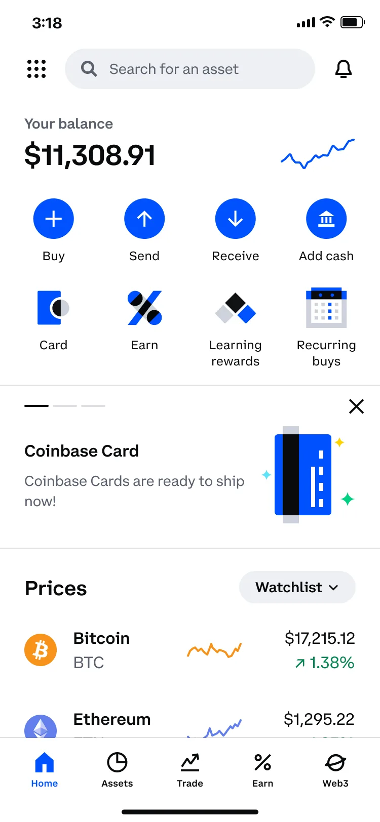 Old home screen led by a balance, actions and a Coinbase Card promotion