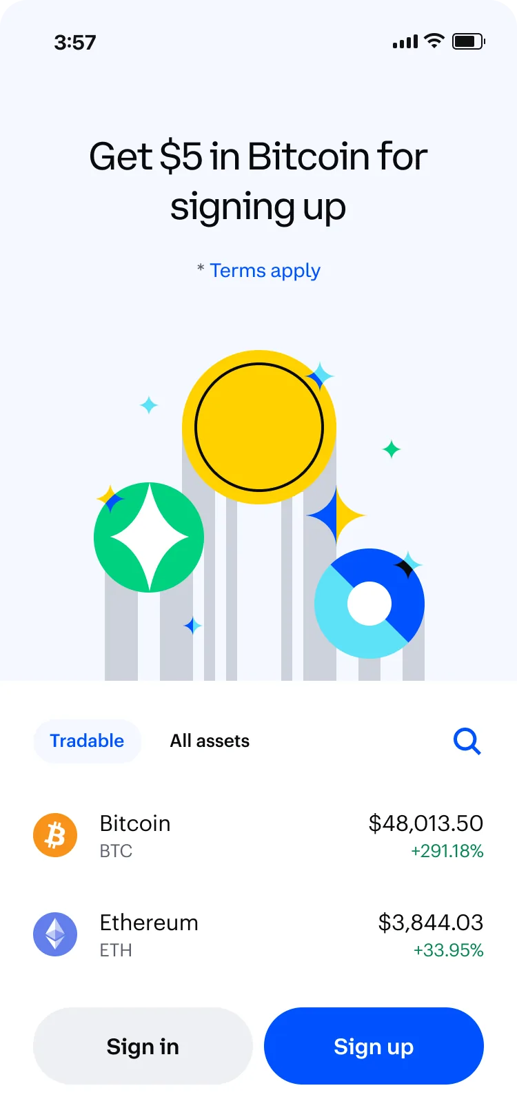 Old logged-out screen offering $5 in Bitcoin for signing up