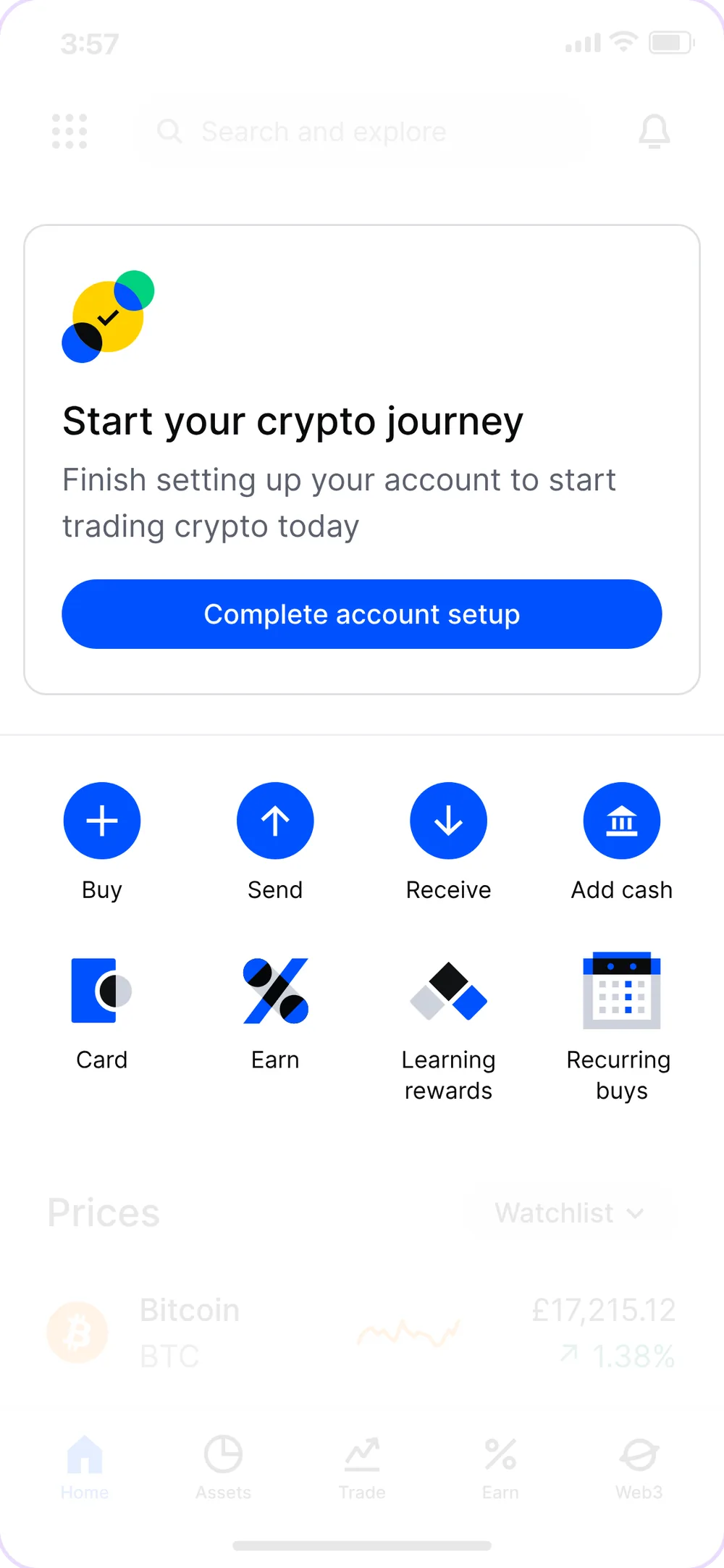 Home with everything dimmed except the Start your crypto journey card