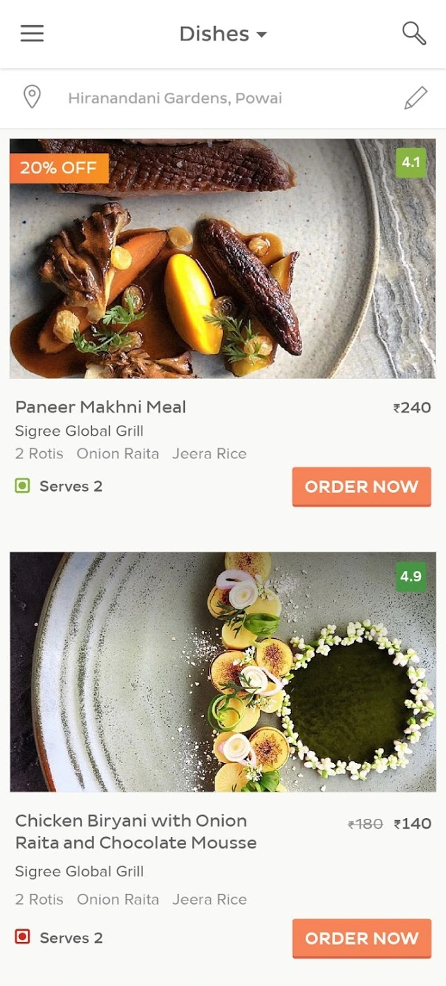 Dishes, with photos, prices and serving size