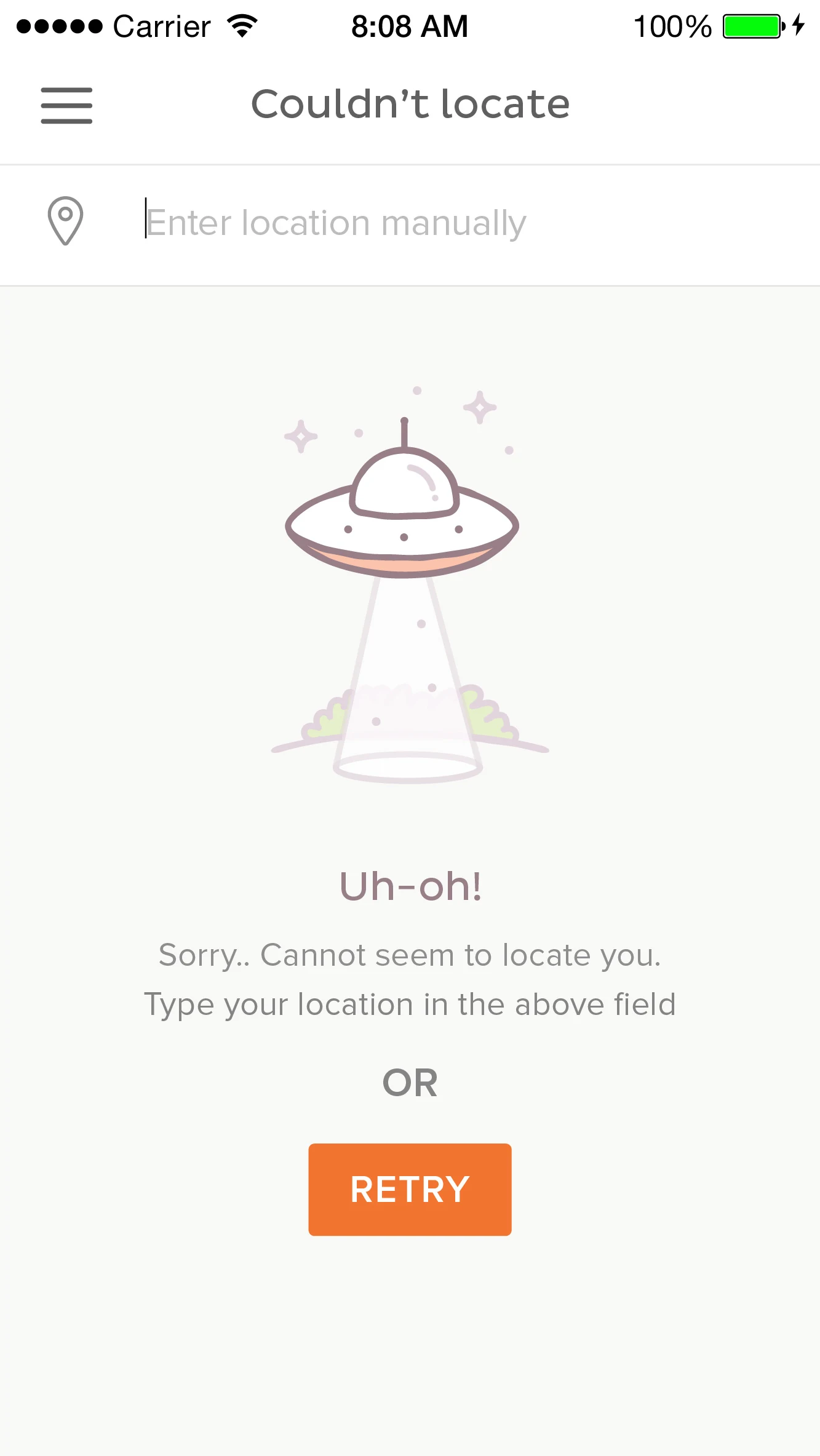 Error state: a flying saucer illustration when the app couldn't find your location