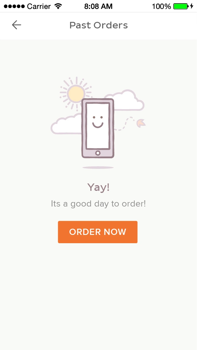 Empty past orders: a smiling phone saying it's a good day to order