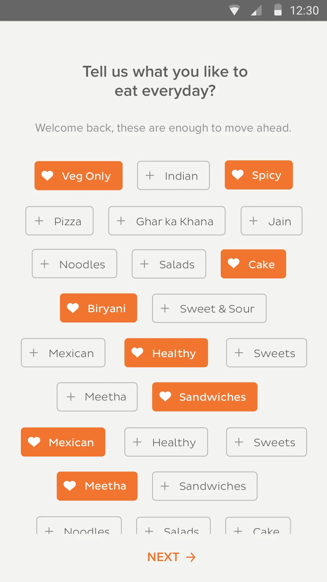Onboarding: tell us what you like to eat every day