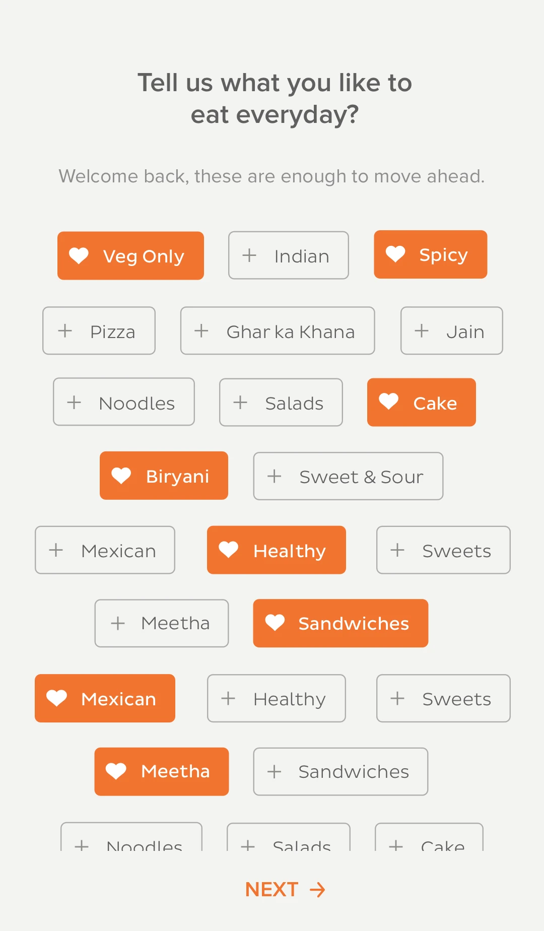 Onboarding: tell us what you like to eat every day, with taste tags such as Veg only, Spicy and Biryani