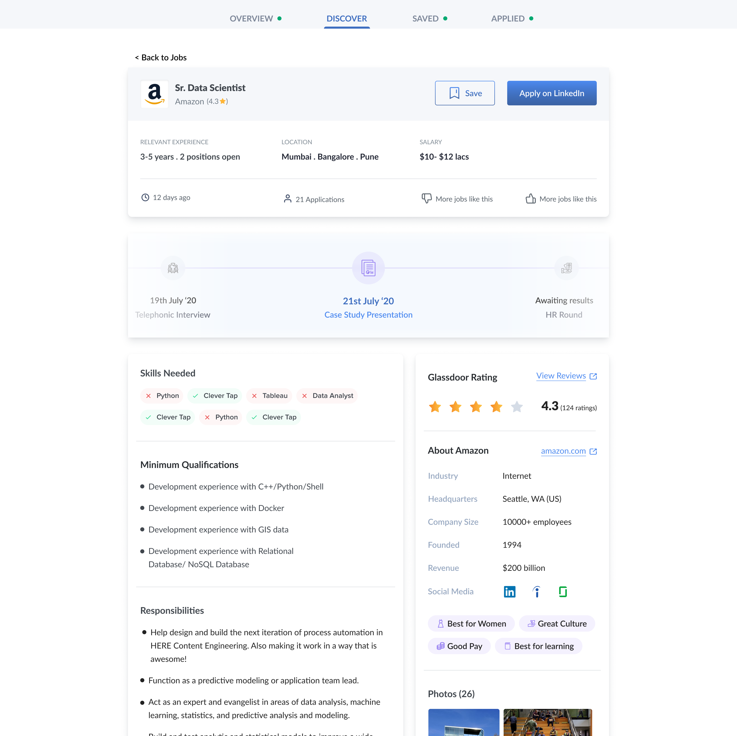 Job details page for a Sr. Data Scientist role at Amazon: skills, timeline, responsibilities, Glassdoor rating and company details