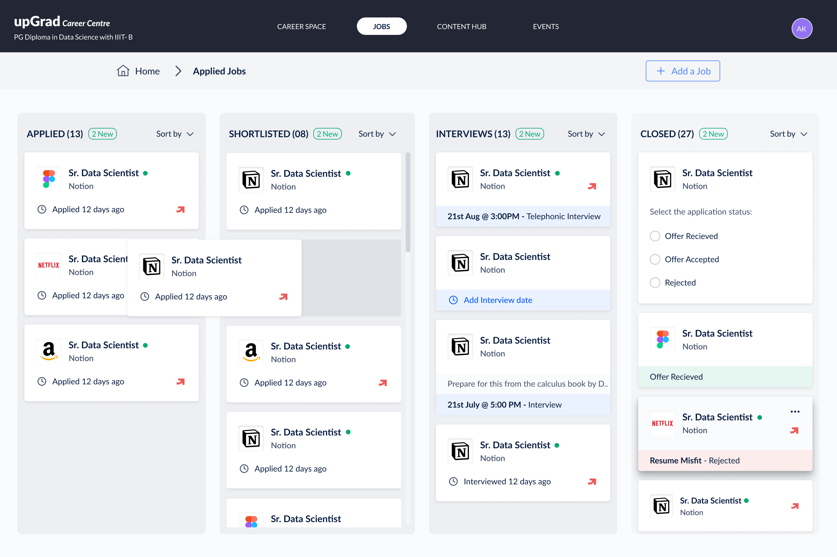 Applied jobs kanban with applied, shortlisted, interviews and closed columns