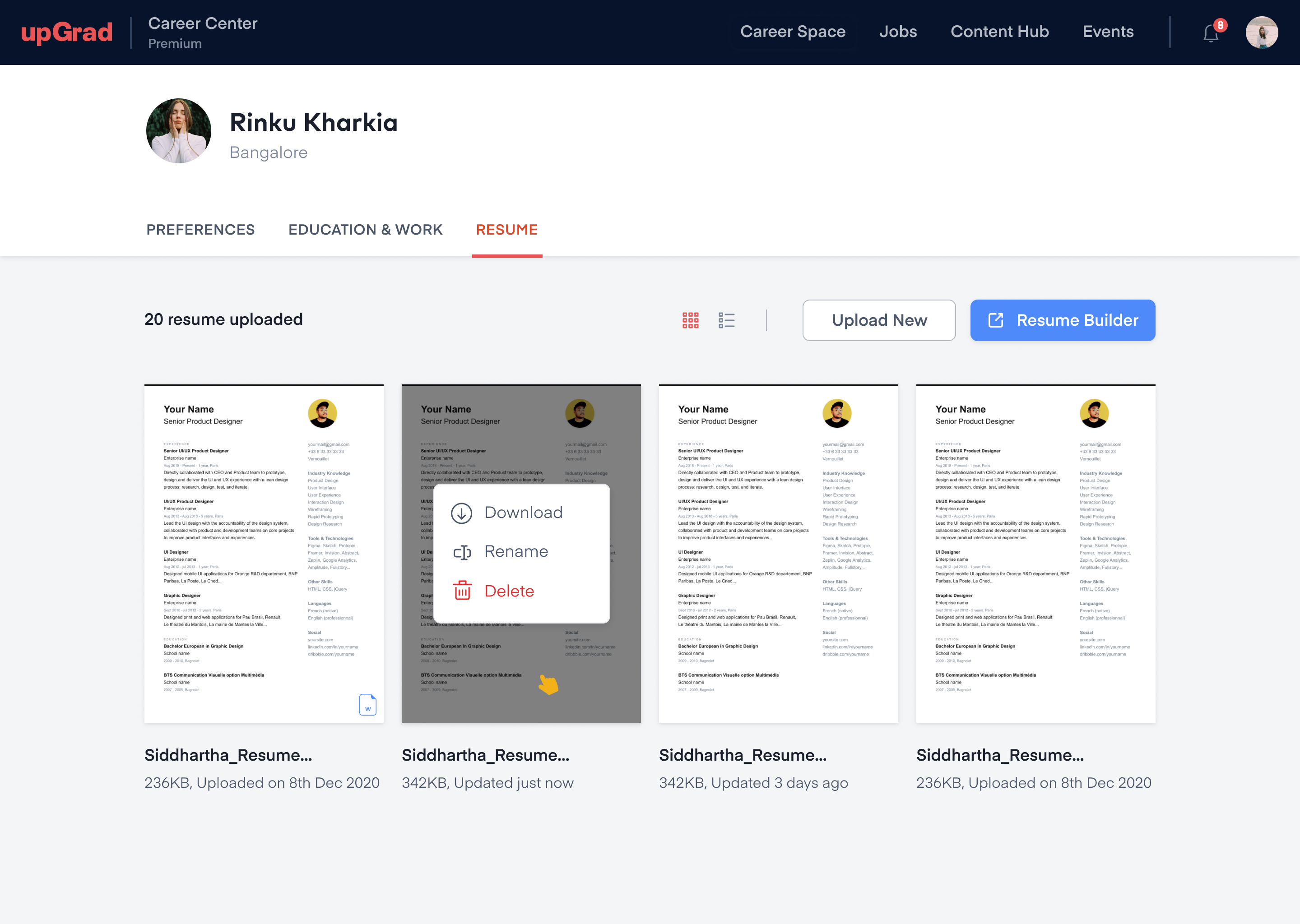 Resume library in grid view with download, rename and delete actions on a resume